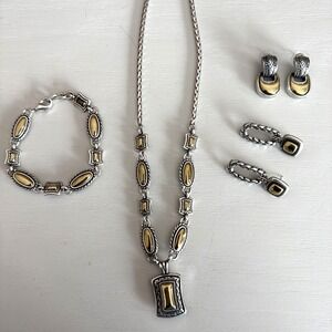 Brighton Two-tone Necklace-Bracelet-Earrings 4 pc set Oval And Rectangle Vintage